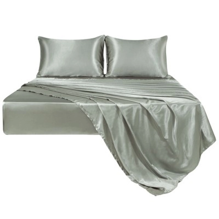 PiccoCasa Satin Polyester with 2 Envelope Pillowcases Elastic Deep Pocket Fitted Sheet Set 4 Pcs Gray King