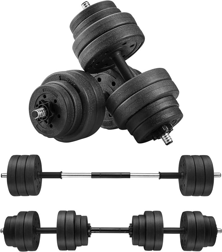 SONGMICS Kit Haltères Musculation 2-en-1, Lot de 2, 20 kg, 30 kg, Poids Réglable, avec Barre d’Extension en Acier, Revêtement en Plastique, Fitnesse, Musculation