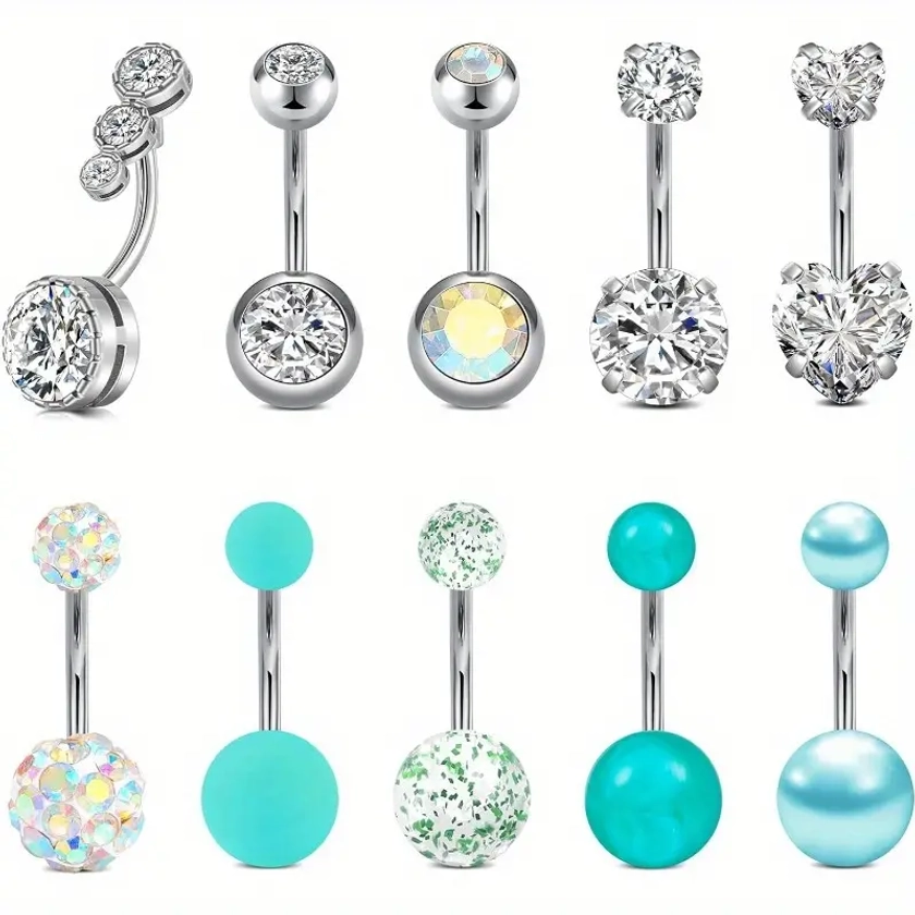 Belly Button Rings Piercing Jewelry by * Williams - 14G Stainless Steel Navel Rings with Synthetic Zircon, 24K Gold Plated Elegant & Cute Barbell Design for Daily Wear, April Birthstone, Pack of Multiple Styles