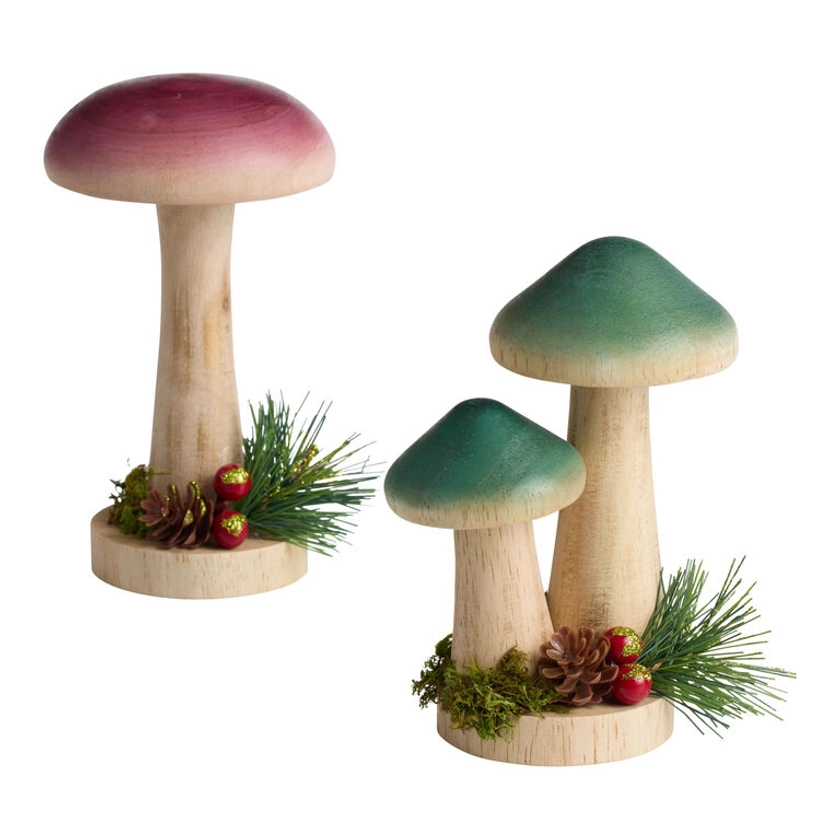 Wood Mushroom with Holiday Greenery Decor Set of 2 - World Market