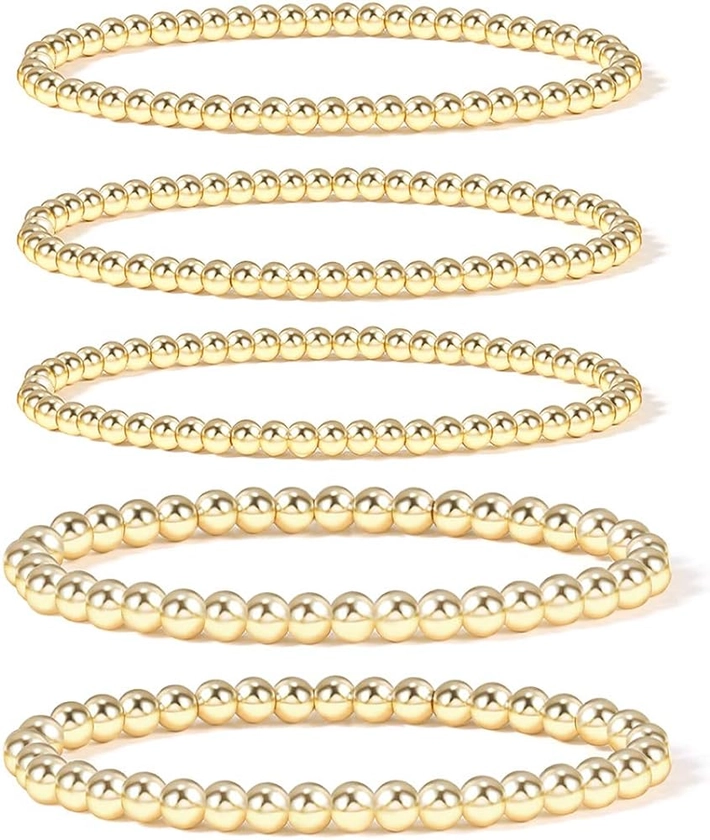 Badu Gold Bead Bracelet for Women 14K Gold Plated Bead Ball Bracelet Stretchable Elastic Hypoallergenic Bohemian Stackable Bracelet