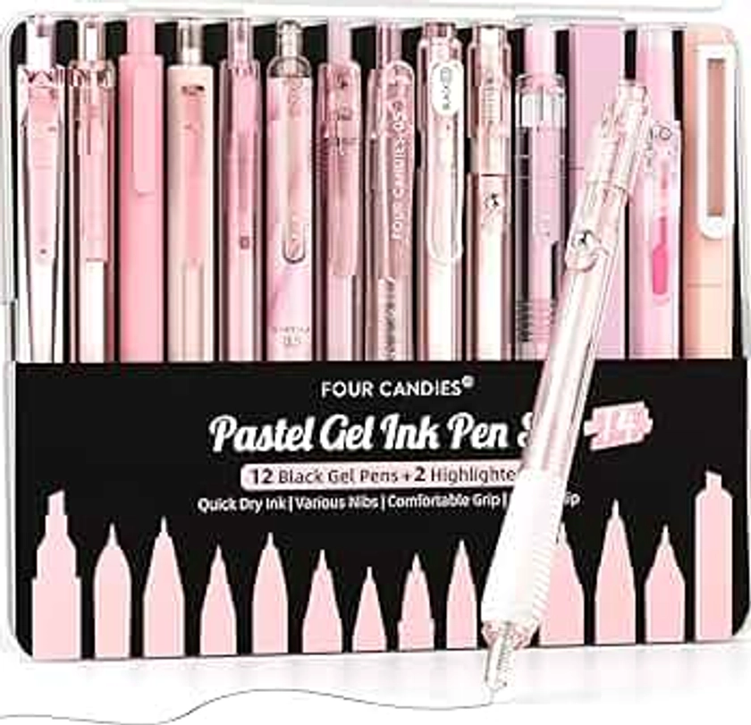 Four Candies 14Pack Pastel Gel Ink Pen Set,Cute Retractable 0.5mm Fine Point Pen,Note Taking Aesthetic Pens,12 Pack Black Ink Pens with 2Pack Highlighter, Smooth Writing Pens for School, Office (Pink)