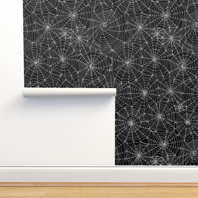 Spiderwebs - white on black Wallpaper | Spoonflower