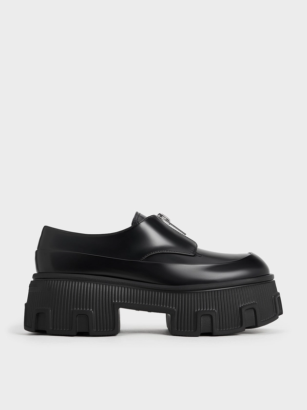 Black Box Zip-Up Platform Loafers | CHARLES & KEITH