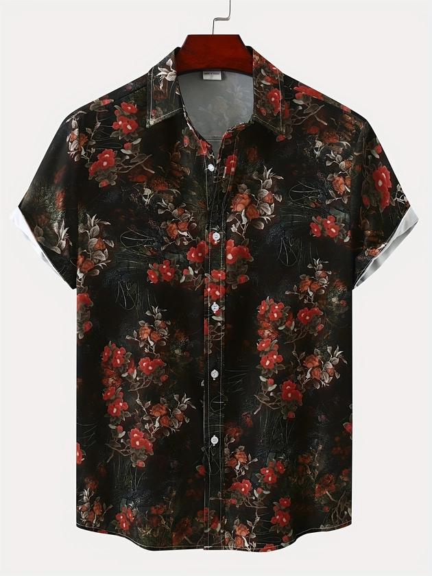 Plus Size Men&#39;s Fashion Flowers Print Shirt Short Sleeve Shirt Oversized Tops Hawaiian Shirt For Males, Men&#39;s Clothing