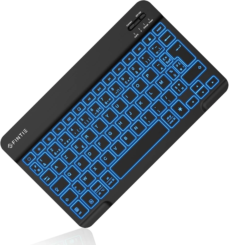 FINTIE Clavier sans Fil Rétroéclairé à 7 Couleurs [AZERTY Français] - Clavier Bluetooth Rechargeable 10 Pouces, Léger Fin (6mm) Clavier Tablette pour Système iPadOS/iOS et Android, Noir