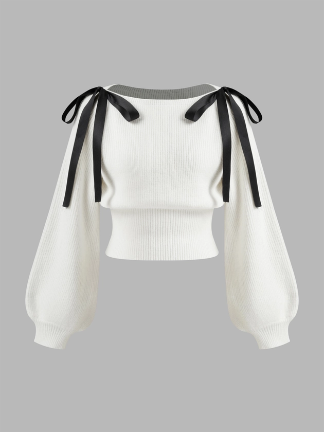 Knit Fabric Knit Boat Neck Bowknot Crop Oversized Sweater For Daily Casual