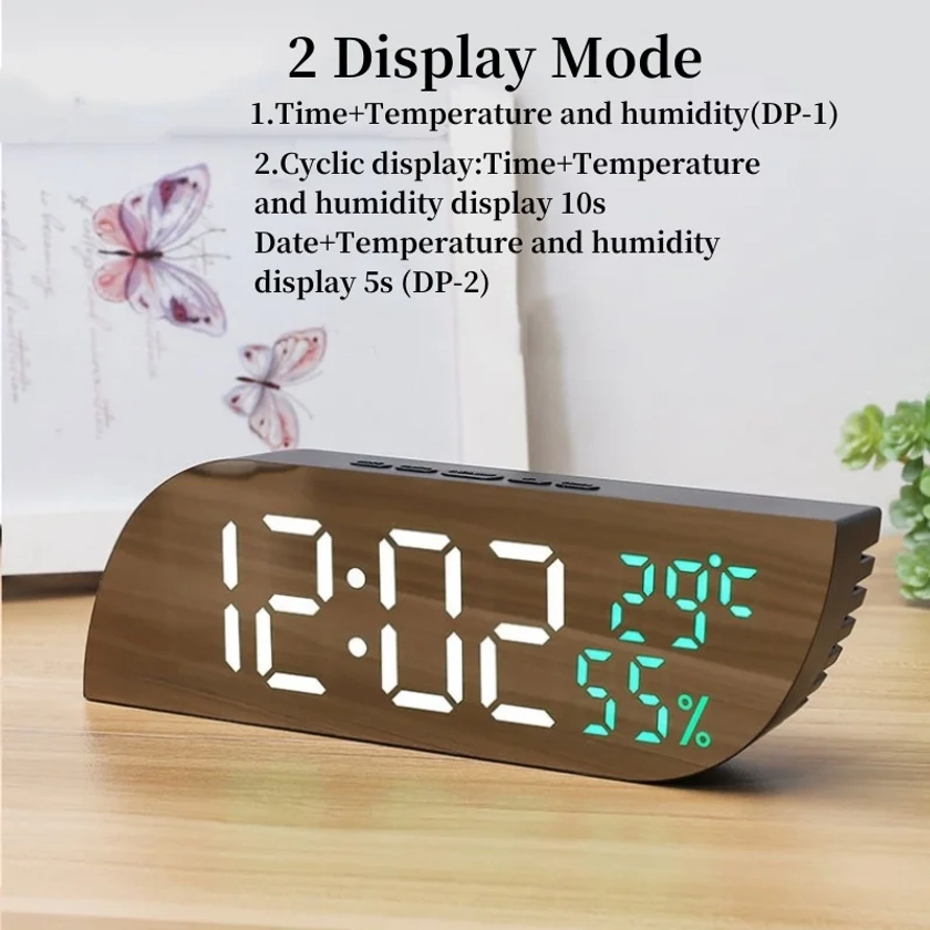 Digital Alarm Clock Temperature Humidity Date 3 Alarms 2 Display Mode Unlimited Snooze Table Clock 12/24H Night Mode LED Clock