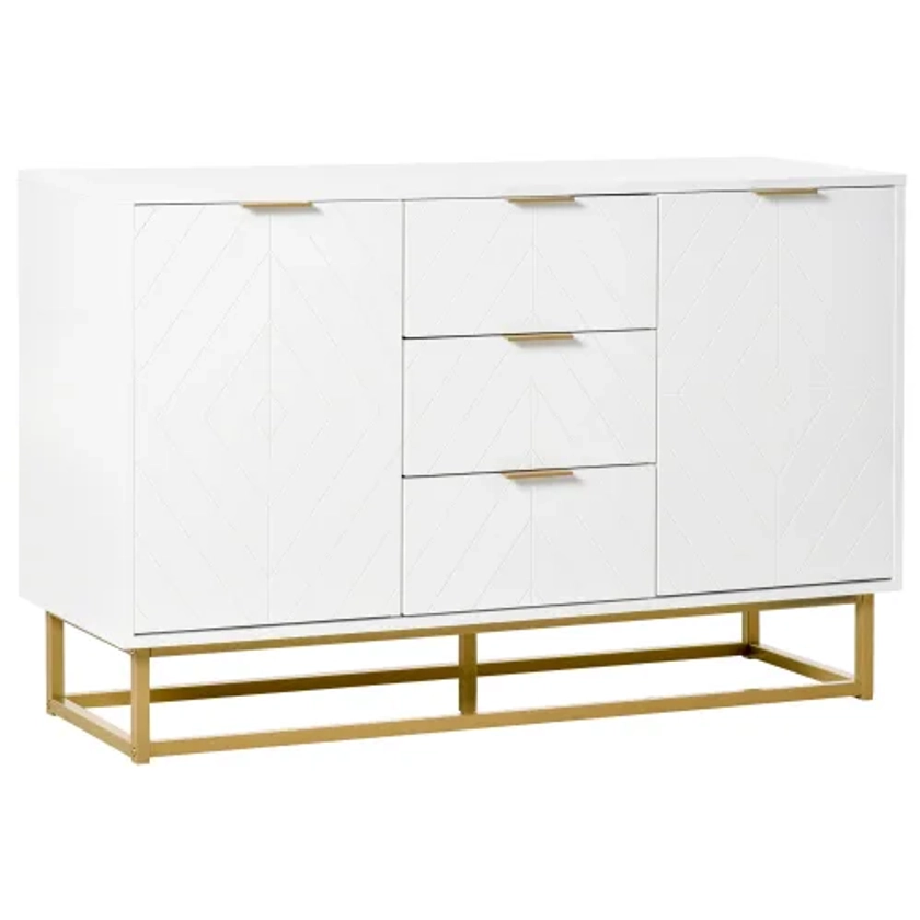 Buffet design contemporain graphique 2 portes 3 tiroirs blanc doré | Maisons du Monde