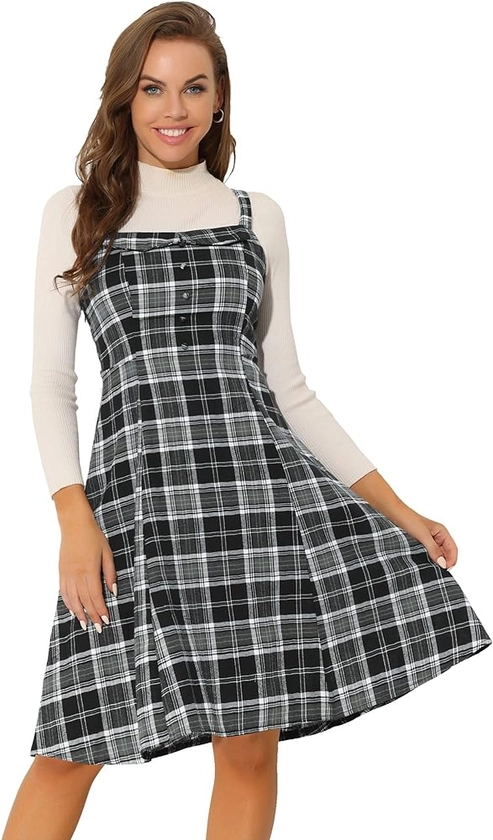 Allegra K Women's Plaid Dress Vintage Sleeveless Tie Waist A-Line Pinafore Overall Dresses