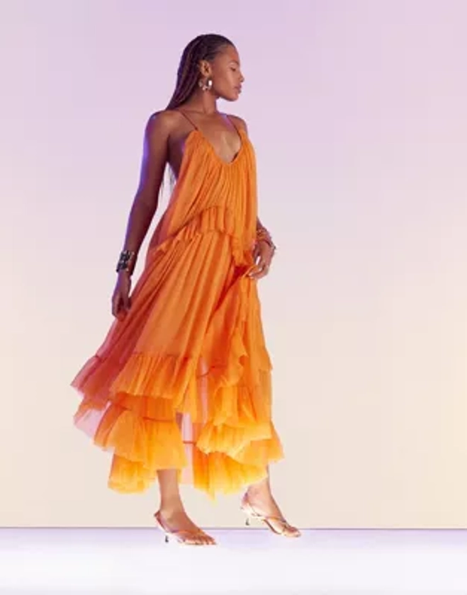 ASOS DESIGN scoop neck trapeze maxi dress with frill in bright orange | ASOS