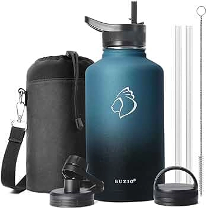 BUZIO Insulated Water Bottle 64 oz with Straw Lid (3 Lids), 64oz Stainless Steel Bottle Half Gallon Jug Flask, Double Wall Vacuum Sports Thermo Mug, Cold Hot Hydro Metal Canteen, Indigo Black