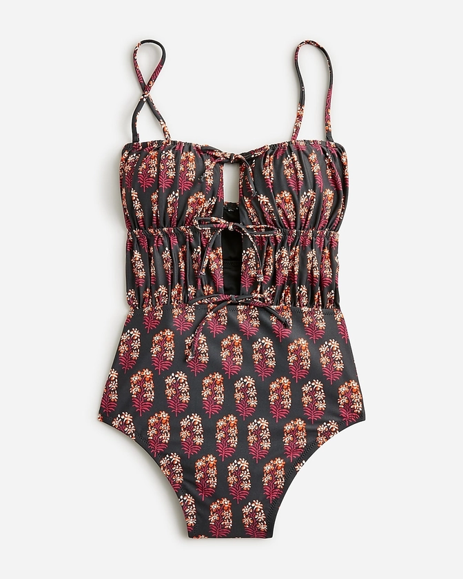 Ruched cutout one-piece swimsuit in cocoa block print