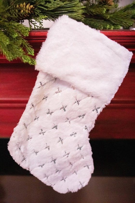 20” White Fur Stocking with Silver Accents