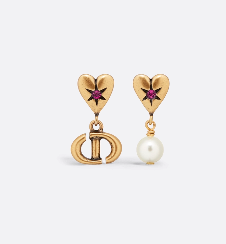 Dior Lucky Charms Earrings Antique Gold-Finish Metal with a White Resin Pearl and Pink Crystals | DIOR