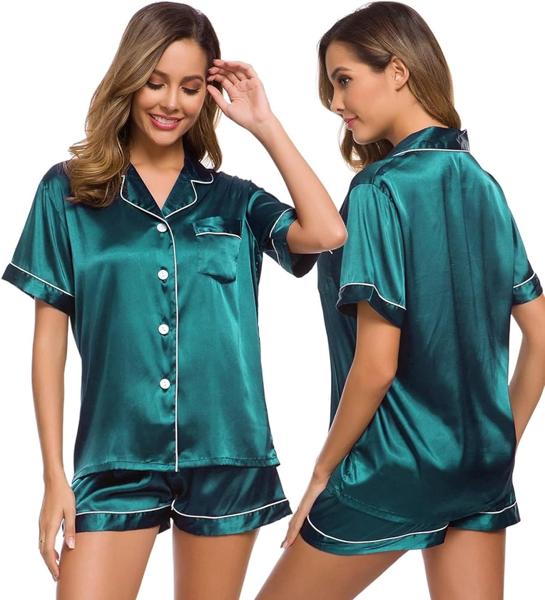 SWOMOG Pajamas Set Short Sleeve Sleepwear Womens Button Down Nightwear Soft Pj Lounge Green at Amazon Women’s Clothing store