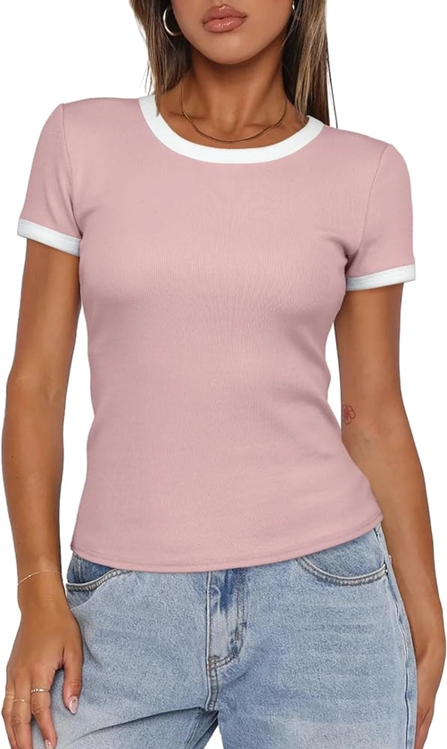 Darong Women Summer Short Sleeve Shirts Crewneck Striped Color Block T Shirts Slim Fit Ribbed Knit Basic Tee Tops