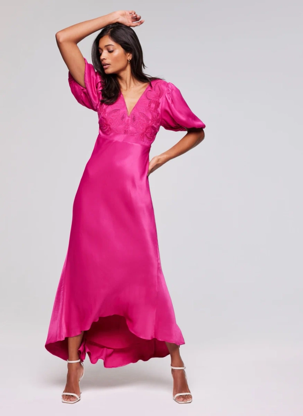 Pink Lace Puff Sleeve Maxi Dress