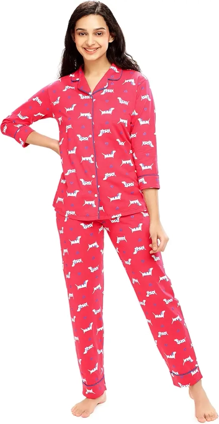 ZEYO Women's Cotton Dog & Heart Printed Stylish Night suit set of shirt & Pyjama 5614 Pink : Amazon.in: Fashion