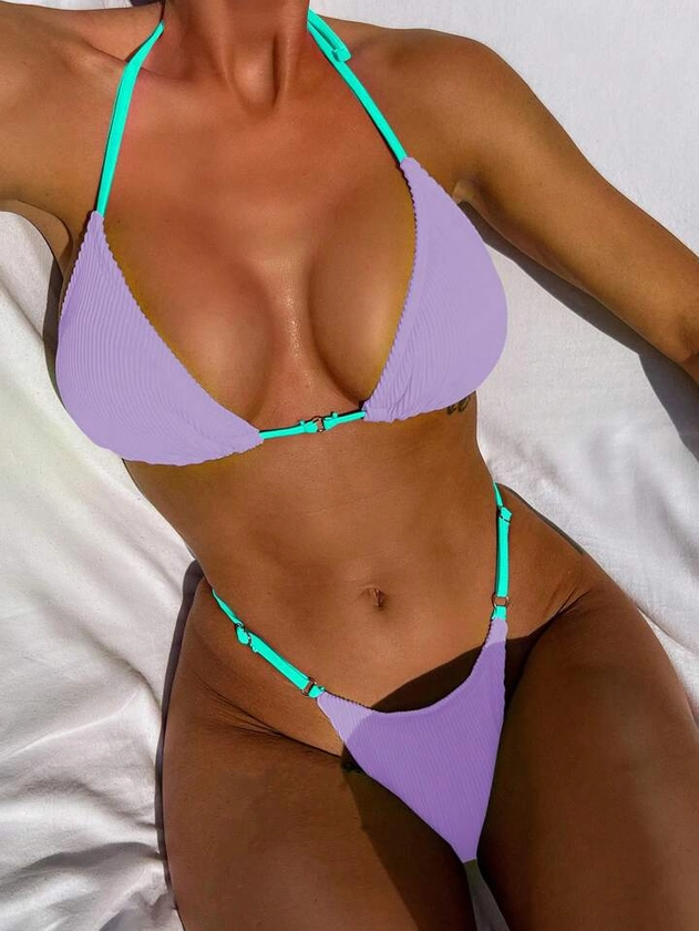 SHEIN Swim SXY Women Summer Beach Fashionable Color Block Halter Neck Bikini Set | SHEIN USA