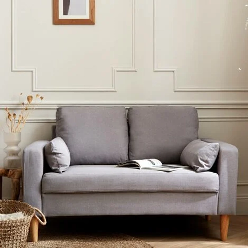 Canapé 2 places fixe droit pieds bois. style scandinave- Bjorn Polyester Gris clair