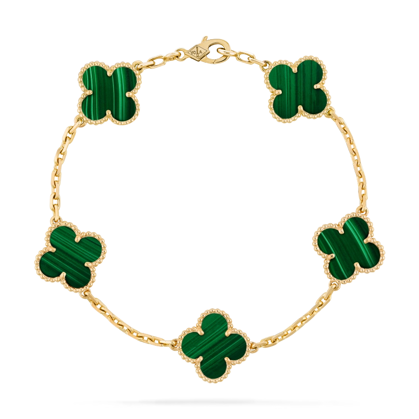 Vintage Alhambra bracelet, 5 motifs 18K yellow gold, Malachite - Van Cleef & Arpels