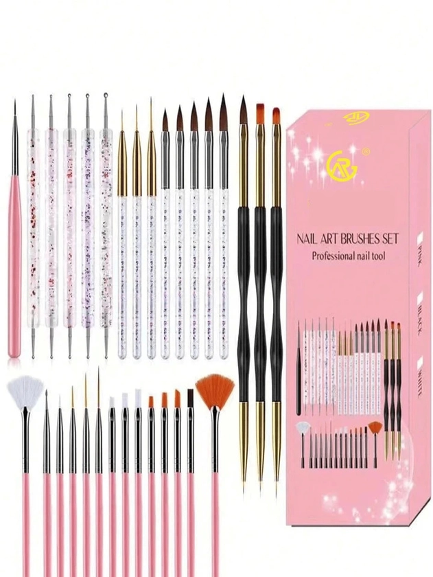 31Pcs Black Gift Box Nail Art Brush Set Including Nail Art Dust Cleaner Brush Nail Fine Drawing Pens Manicure Dotting Pen Etc.Nail Art Nail Tools