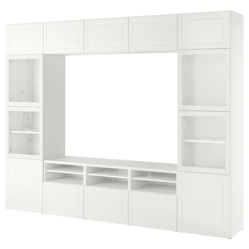 BESTÅ TV storage combination/glass doors, white Smeviken/Ostvik white clear glass, 300x42x231 cm (1181/8x161/2x91") - IKEA CA