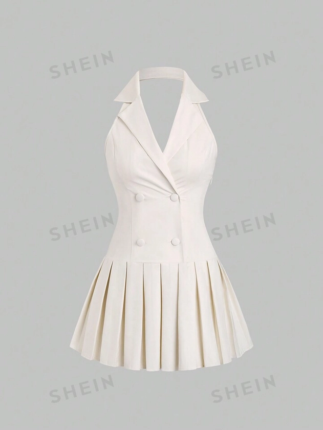 SHEIN MOD Women's Solid Color Elegant Halter Summer Pleated Dress