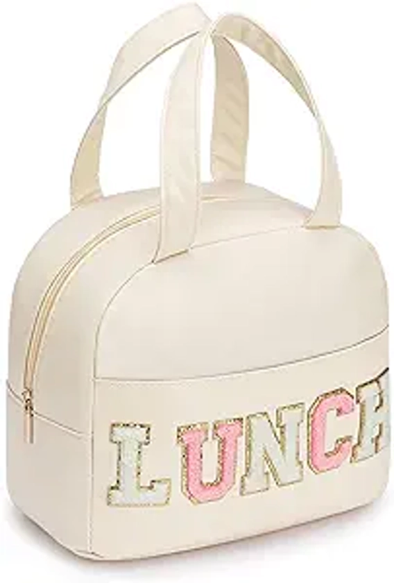 Lunch Bag for Women Insulated For Men PU leather Small Office Work lunch with Chenille Letters Leakproof Freezable Cooler Reusable Portable Box (White)