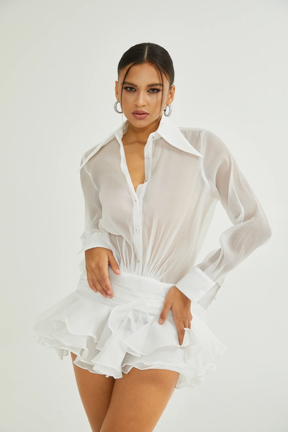 Renée white ruffled mini shirt dress