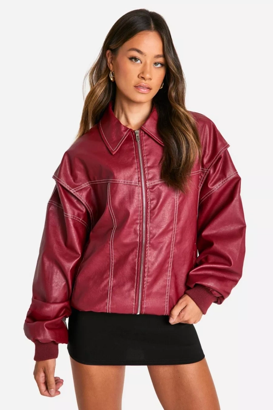 Tall Pu Contrast Stitch Oversized Bomber Jacket