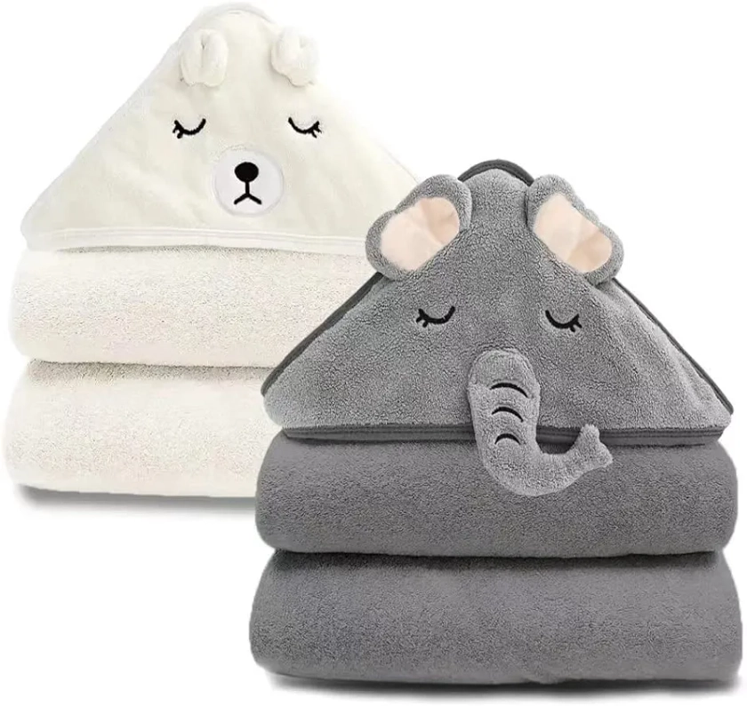 URSEORY 2 Pack Hooded Baby Towels, Premium Soft Bath Towel for Babies, Newborn, Infant and Toddler, Ultra Absorbent, Natural Baby Stuff Towel with Hood for Boy and Girl (Elephant, Bird)