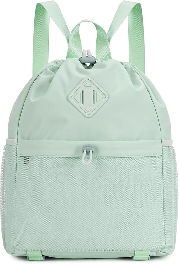 WANDF Drawstring Backpack Sports Gym Bag with Yoga Mat Strap, Water-Resistant String Backpack Cinch Bag with Mesh Pocket for Women Men (Mint Green, Patent Pending)