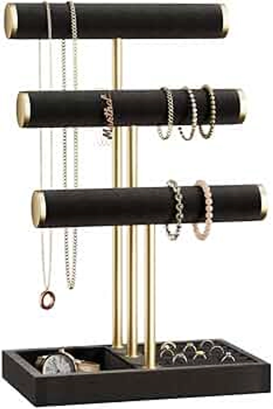 3 Tier Bracelet Holder Display - Detachable T Bar Black Velvet Bracelet Holder, Jewelry Holder Organizer for Bracelet, Necklace, Watches, Rings