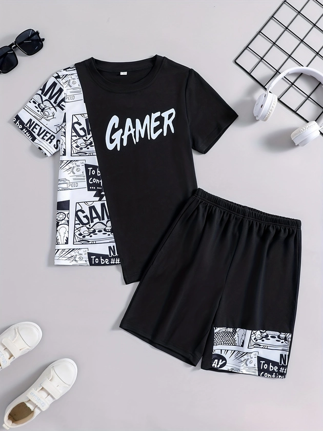 2pcs Boys Summer Casual Irregular Letter Spliced Outfit: Short Sleeve Round Neck Top &amp; Shorts Set