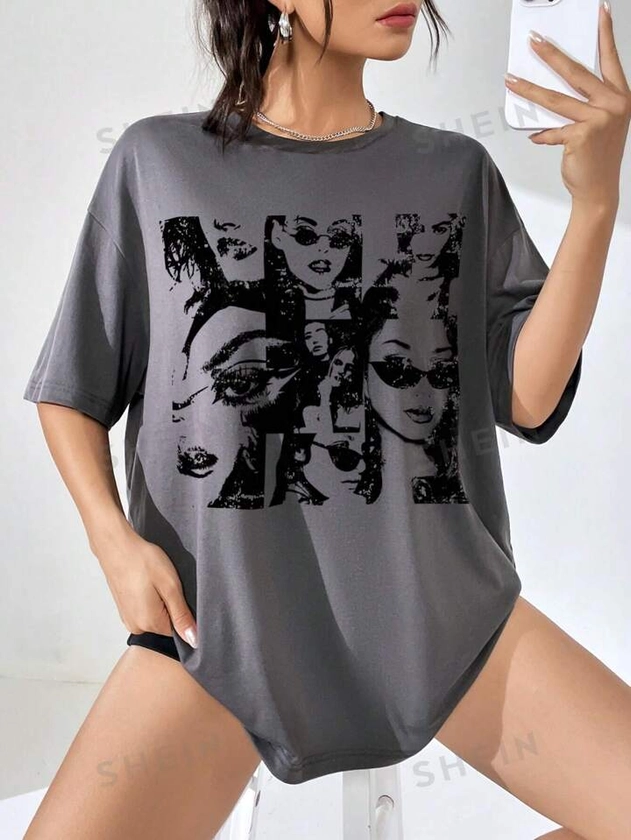 SHEIN EZwear Casual Portrait Printed Round Neck Oversized Loose Fit Women's T-Shirt
