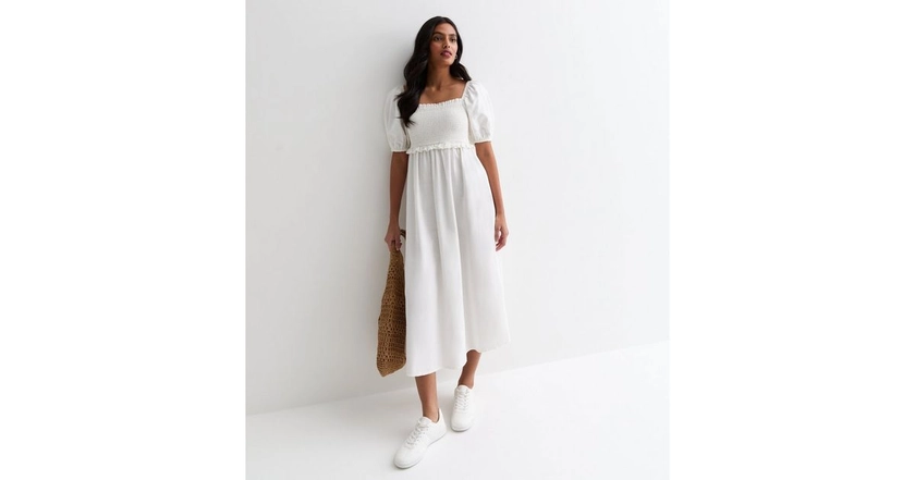 Off White Square Neck Shirred Midi Dress | New Look