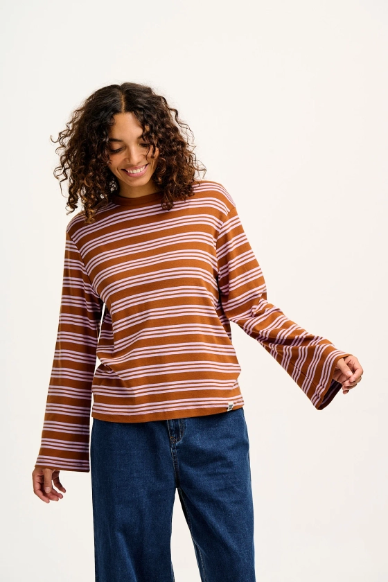 Hermione - Fluted Cotton Top in Lilac & Brown Stripe