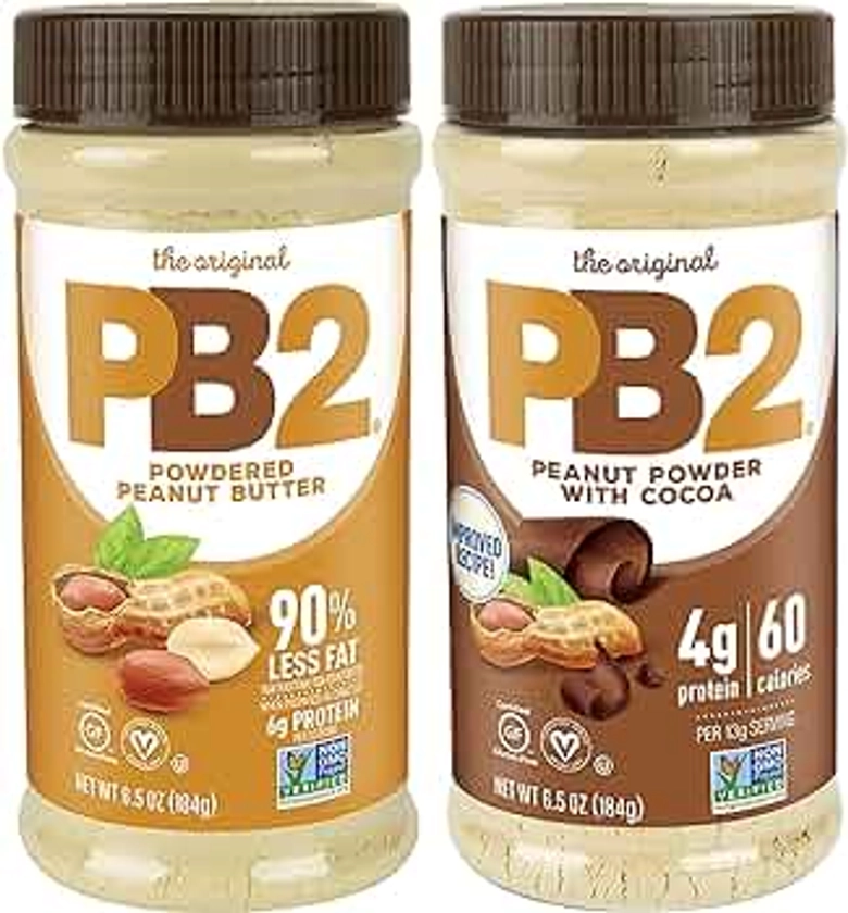 PB2 Powdered Peanut Butter Bundle, Keto Diet, Gluten Free, Mix in Protein Shakes & Smoothies, Low Carb, Original Peanut Butter & Peanut Butter Cocoa Flavors (2 Jars - 6.5 Oz Each)