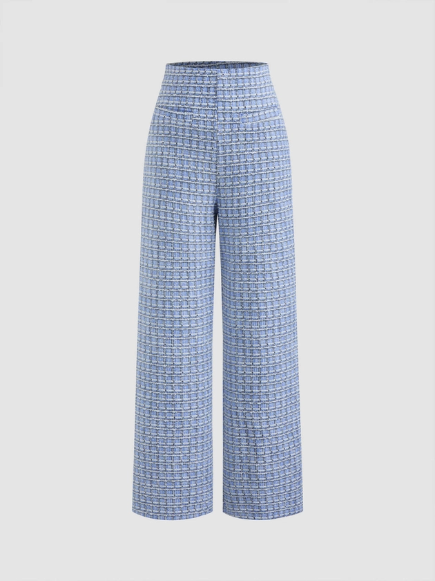 Tweed Tweed Mid Rise Checks Zipper Wide Leg Trousers For Work