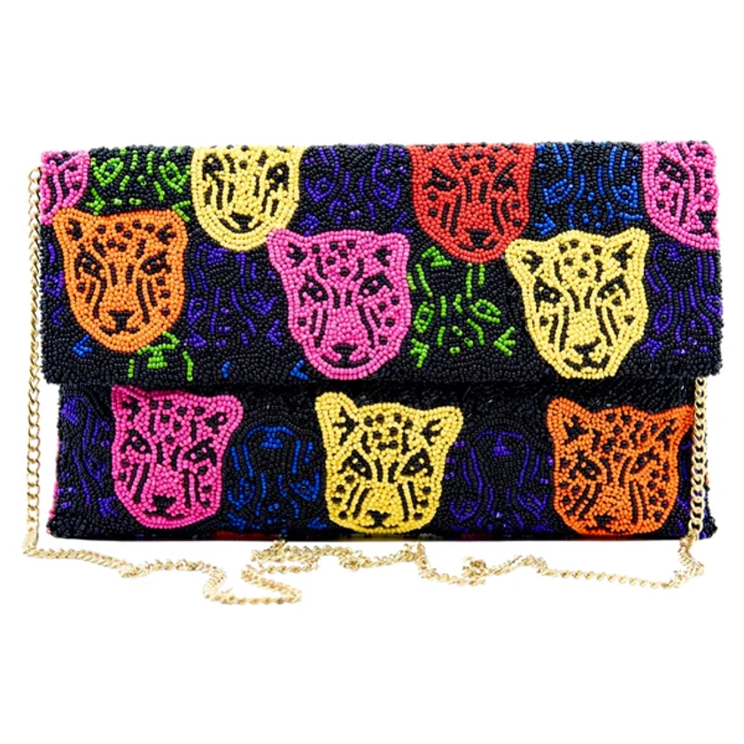 Hand Beaded Lips & Tiger Bag with Optional Shoulder Chain