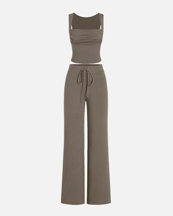 Set Of Two Ruched Square Neck Crop Top With Trouser In Olive Green