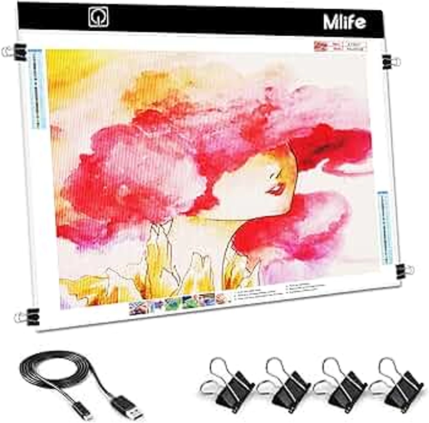Mlife A2 LED Light Pad for Diamond Painting, Diamond Art Light Board with 3 Brightness, Tracing Light Board with USB Cable & 4 Fasten Clips for Sketching, Animation, Drawing, Diamond Painting Supplies