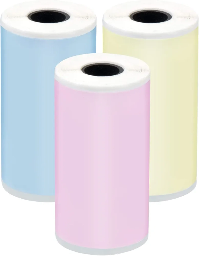 Papier Autocollant Imprimante Couleur 57 mm x 30 mm Thermique Mini Rouleau de Papier d'Impression, 3 Rouleaux (Bleu/Jaune/Rose)