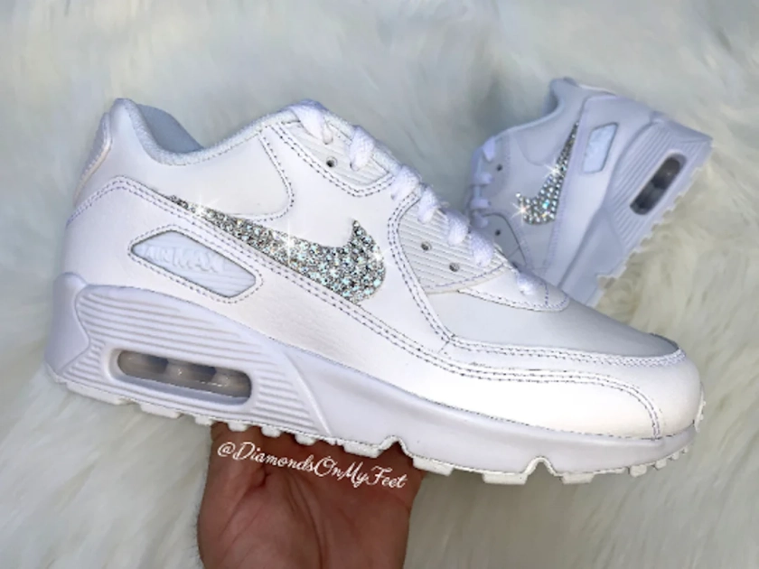 Swarovski Women's Air Max 90 All White Sneakers Blinged Out With Authentic Clear Swarovski Crystals Custom Bling Workout Shoes