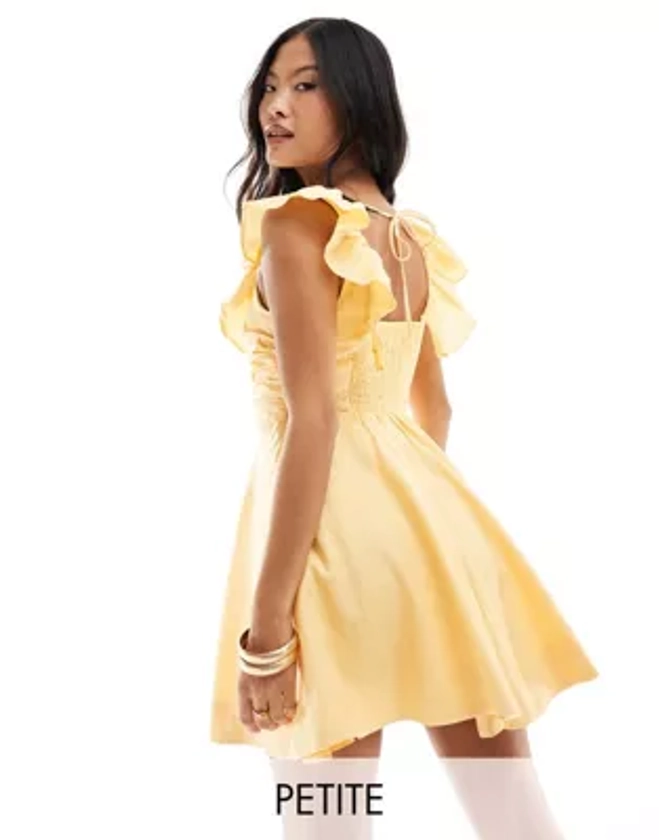 Forever New Petite ruffle shoulder rmini dress in yellow | ASOS