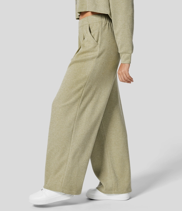 Women’s Ribbed High Waisted Plicated Side Pocket Wide Leg Casual Pants - Halara 