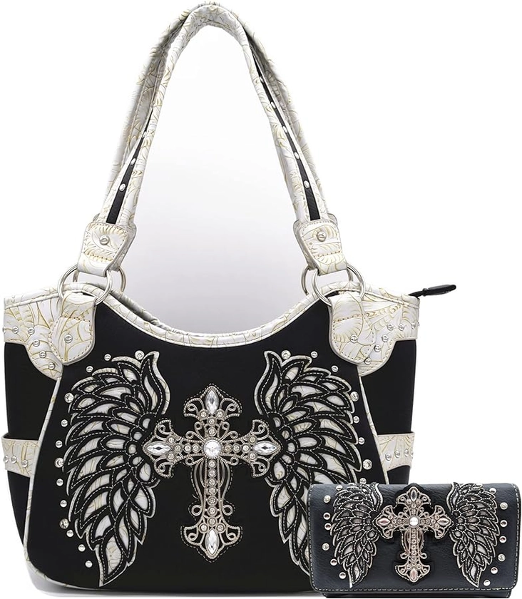 Western Style Rhinestone Cross Studded Laser Cut Wings Tooled Leather Purse Women Handbags Country Shoulder Bag Wallet Set