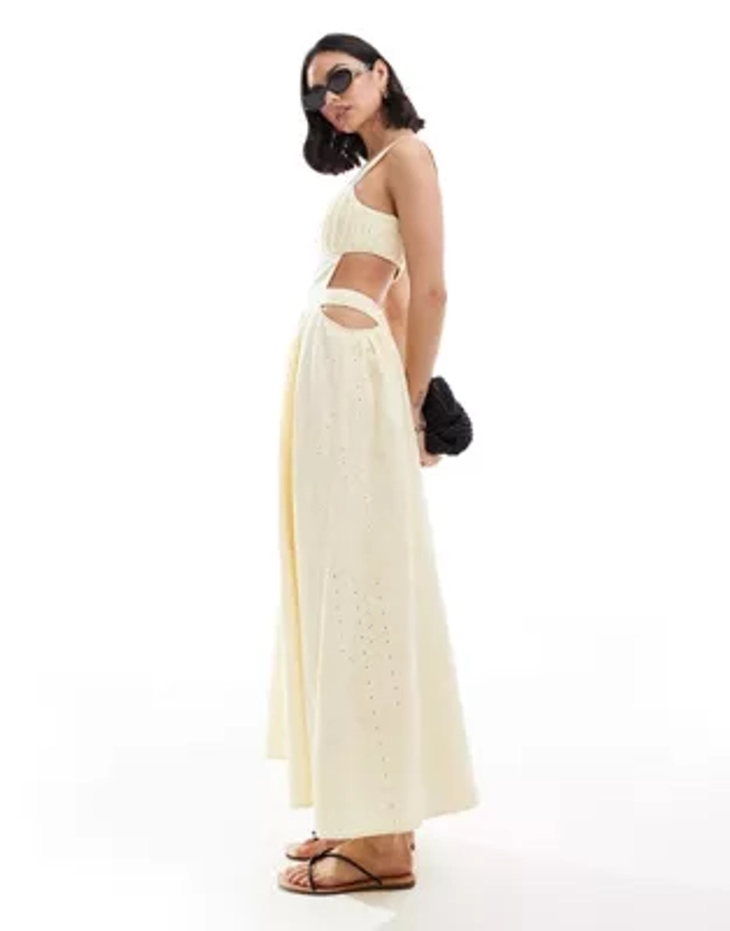 ASOS DESIGN cutwork maxi sundress in all over broderie with ruched bust in honeydew yellow